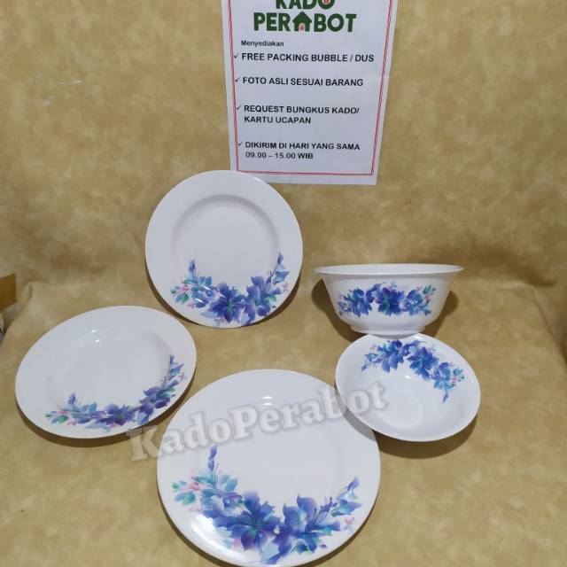 Piring motif bunga set isi 5 pcs - mangkok kembang set O2 biru