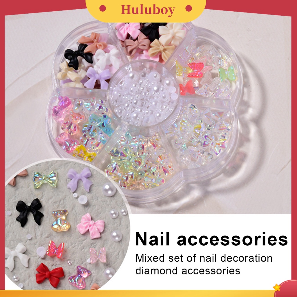 Huluboy Huluboy♡ 1 Kotak Perhiasan Berlian Imitasi Bentuk Pita Beruang Mutiara Untuk Dekorasi Nail Art