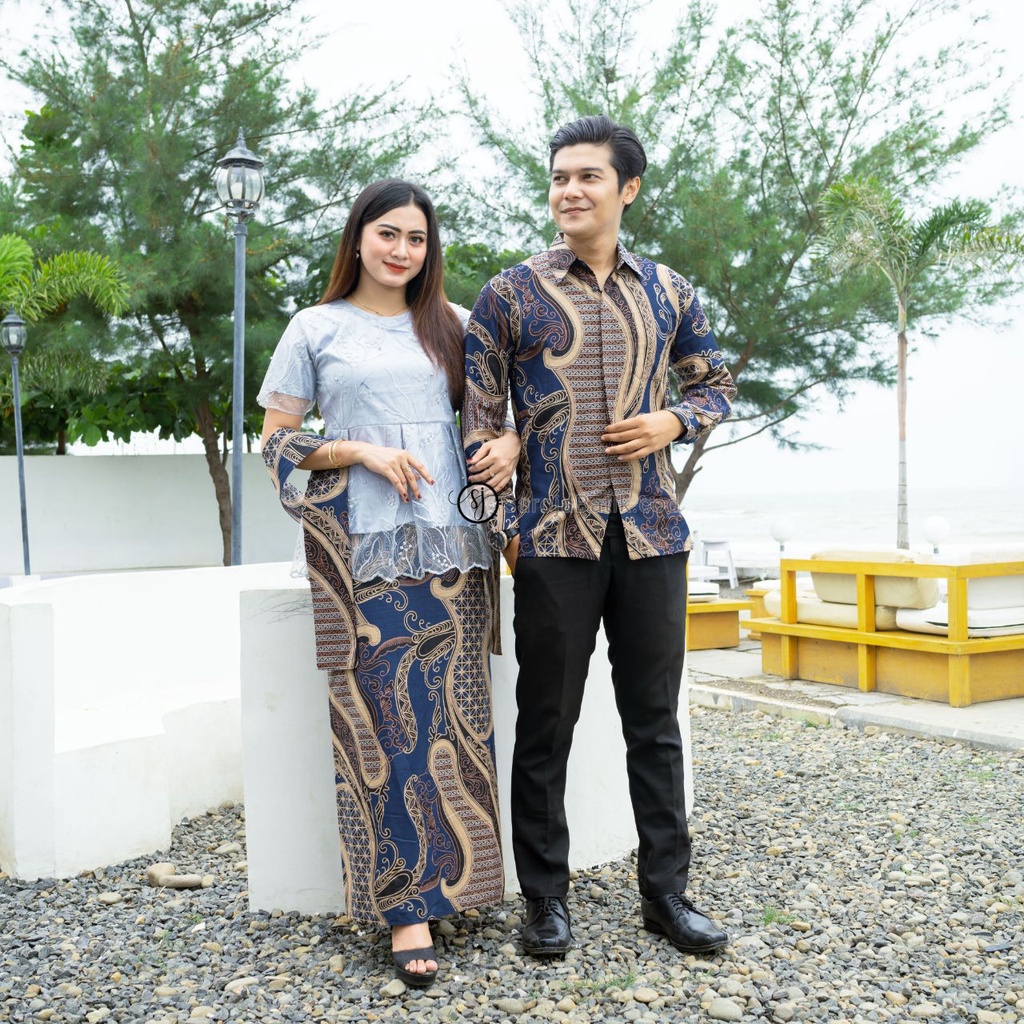 Saroja (990) Couple Batik Atasan Dress Brukat Nirina Free Selendang Parang biru