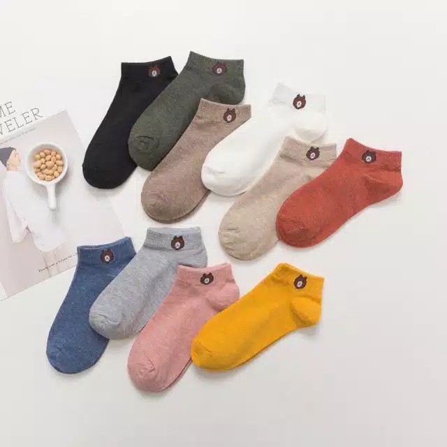 Kaos kaki Motif Beruang Brown Pria Wanita Korea Socks Line Pendek Import-1