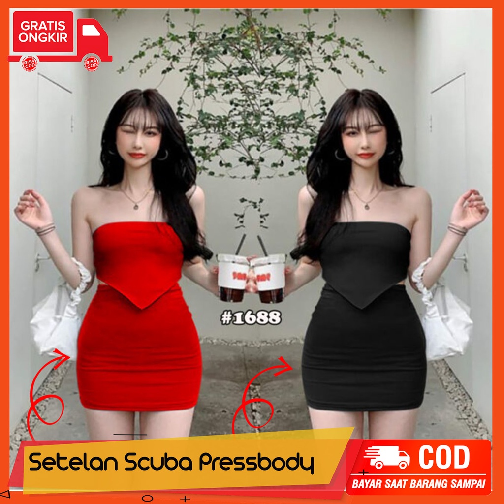 One Set Rok 1688 Hitam Merah Sexy Fashion 2 in 1 Rok adan Atasan Model Kemben / Setelan Crop Wanita 