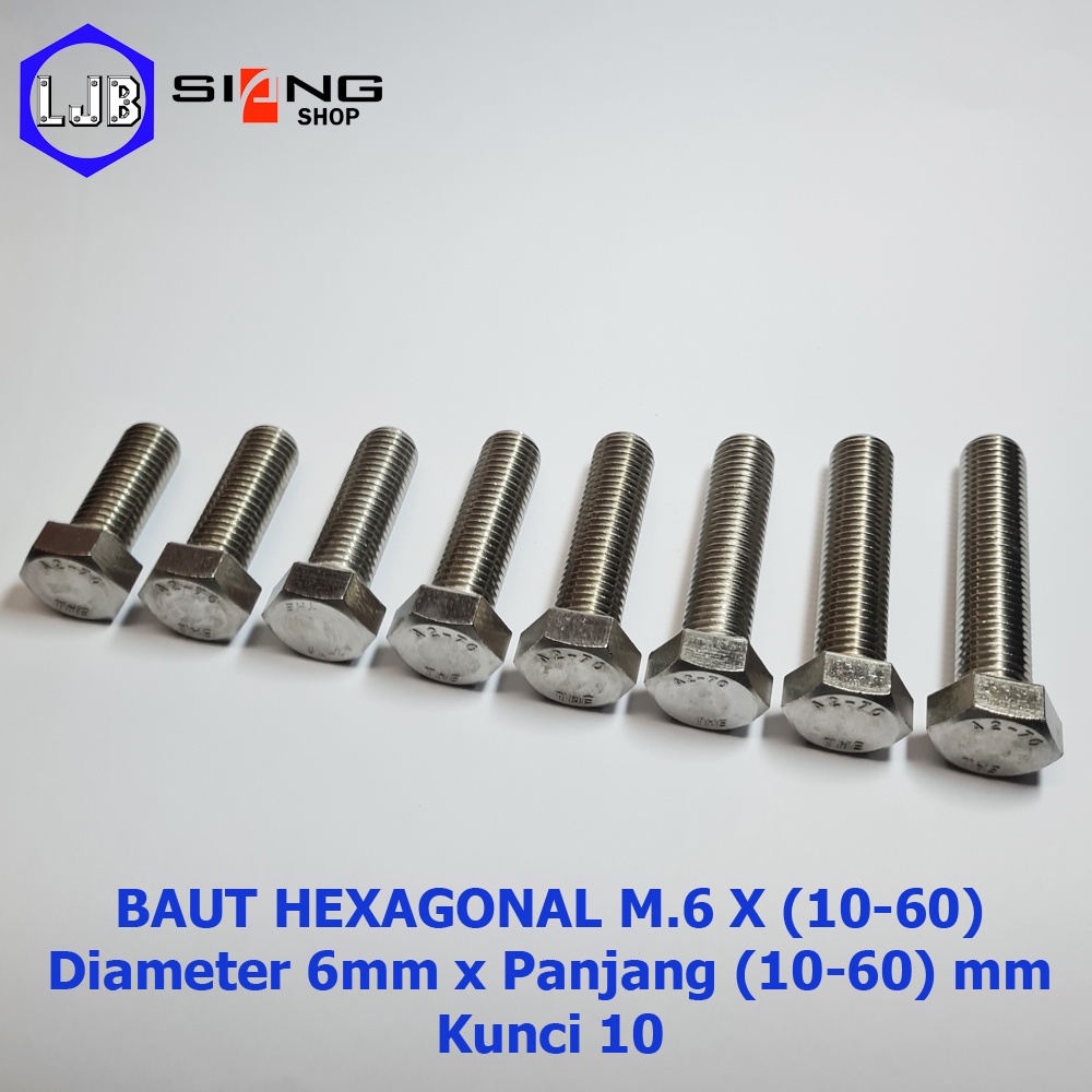 Baut Hex M6 Stainless 304 THE A2-70 Panjang 10 sd 60mm