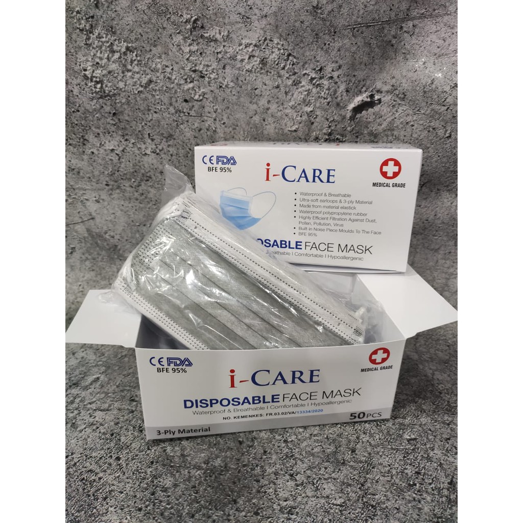 MASKER 3PLY ICARE I CARE EARLOOP KEMENKES WARNA PINK MERAH HIJAU PUTIH ABU HITAM BIRU