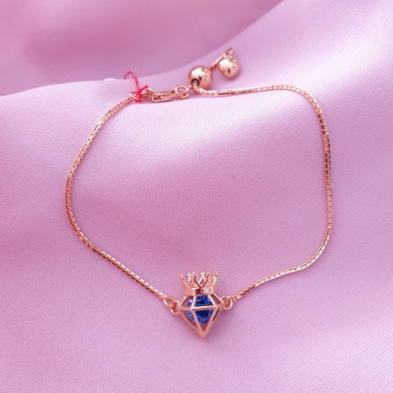 [NEW] Gelang tangan serut birthstone mahkota biru emas asli kadar 375 8K, perhiasan emas asli, gelan