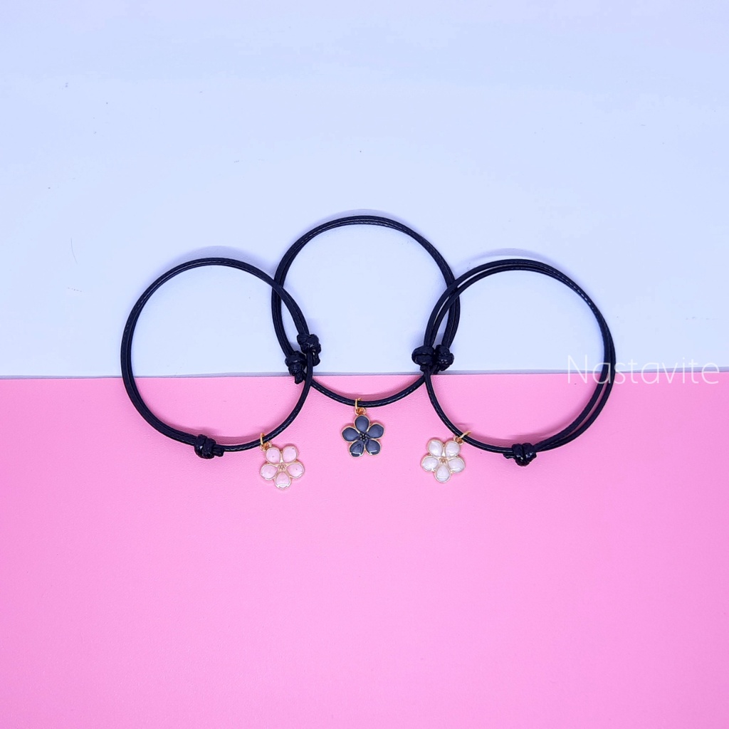 Gelang Couple Sahabat 3 Orang Bunga Simple Tali Korea Hitam Polos Murah