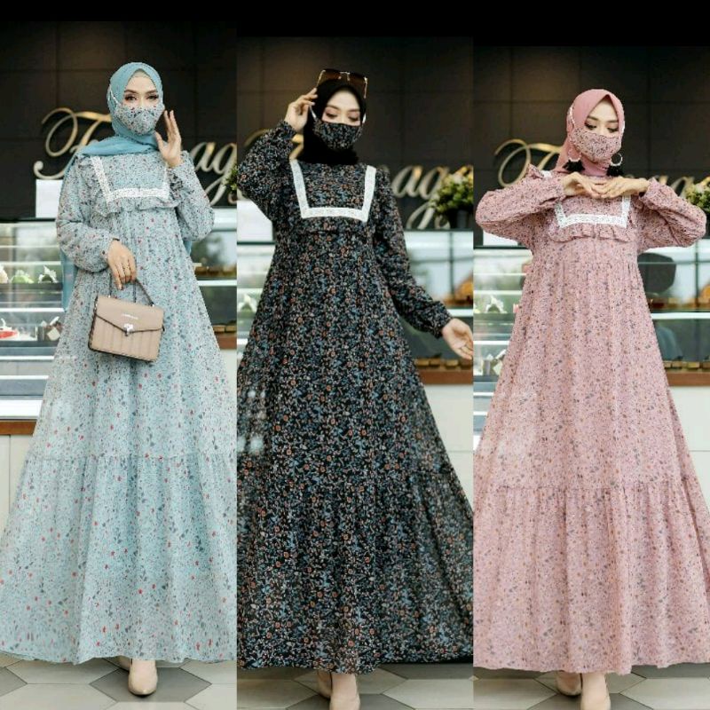 Gamis Seruty babydoll / motif Print Bunga Kecil