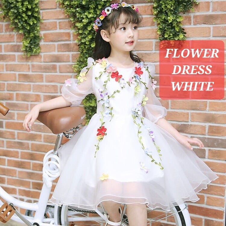 BAJUKIDDIE FLOWER DRESS GAUN BUNGA ANAK CEWEK ALA KOREA FASHION IMPORT CASUAL PUTIH PINK BIRU