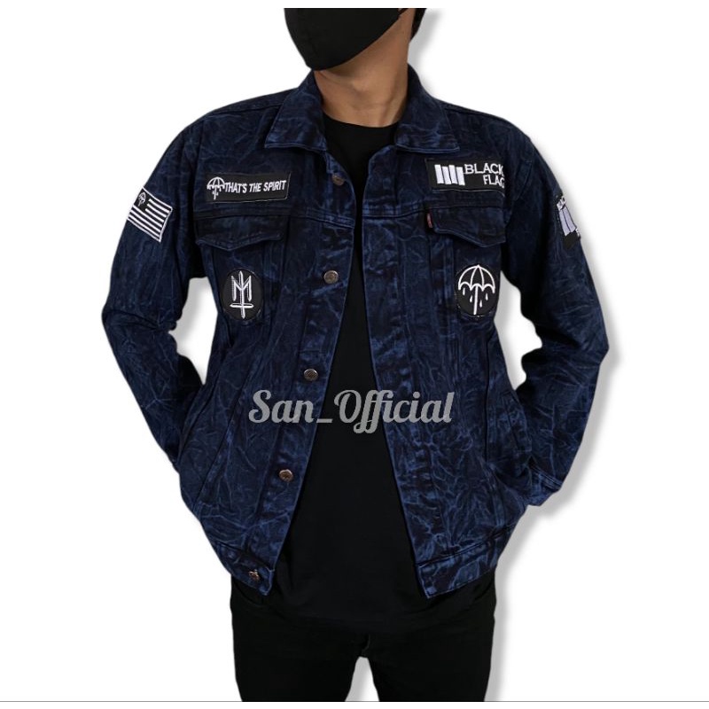 JAKET DENIM Keren / JAKET JEANS Pria Keren MURAH Kualitas Premium PATCH Sudah Terpasang (Bisa COD)-Darkblue Blackflag