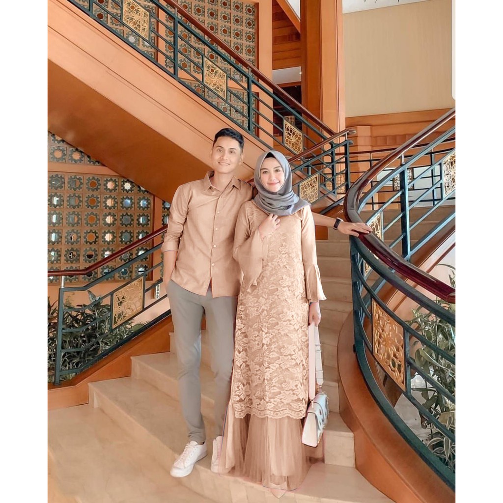 Couple Felito Baju Gamis Pasangan Suami-Istri Gamis Full Brukat Timbul Kemeja Polos Fashion Muslim P
