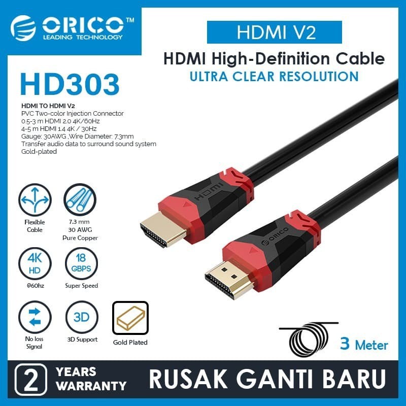 Kabel hdmi 3m ORICO 2.0 HD303-30 - Cable hdtv orico 3 meter 2.0