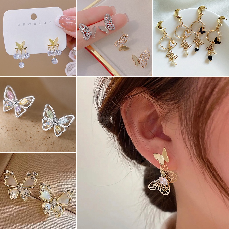 1 Pasang Anting Stud Desain Butterfly Helix Bunga Hati Aksen Mutiara Bahan Zirkon Untuk Wanita