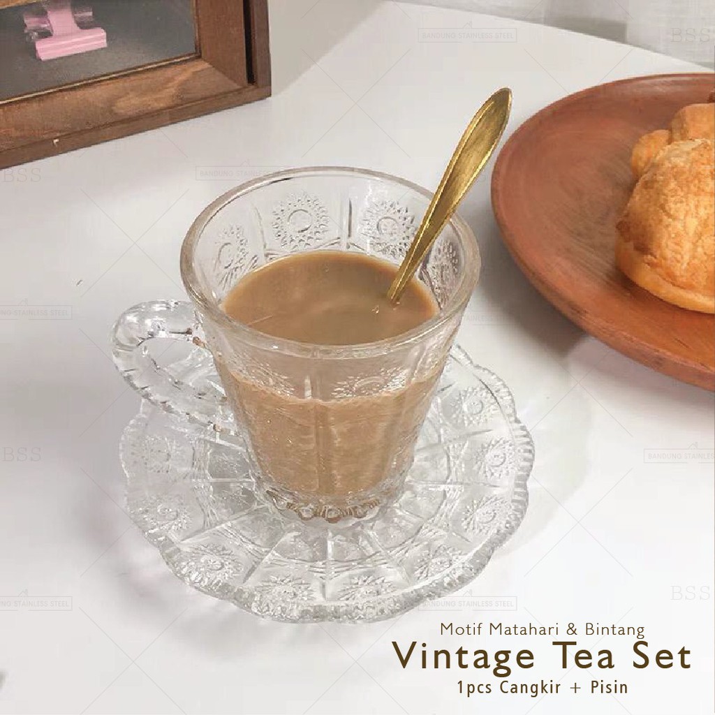 Cangkir Teh Kaca Gelas Vintage Motif Matahari Bintang Timbul Kopi Tea 140ML