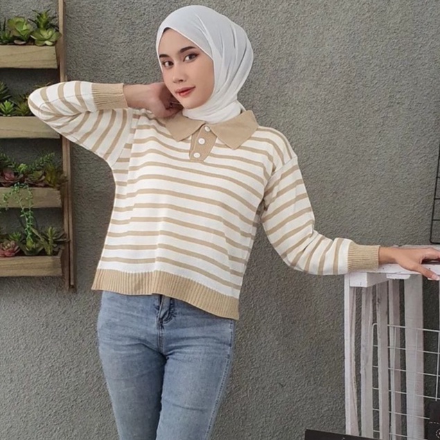 Outwear Crop Dhabie Stripe Sweater Rajut Motif Garisss