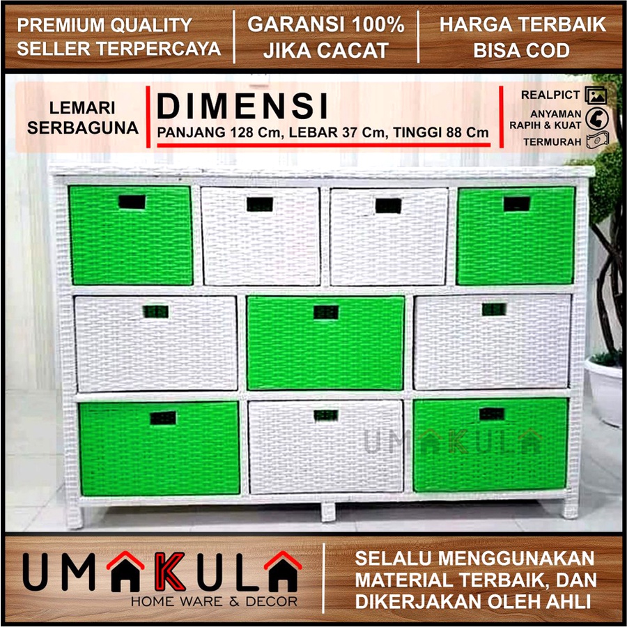 Lemari Rak Rotan Sintetis 10 Laci Buffet Bufet Meja TV Ruang Tamu Serbaguna Minimalis Murah Terbaru