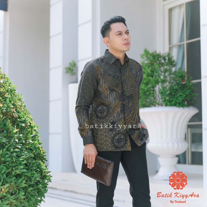 Baju batik pria lengan panjang Dobi lasem kuning cap premium kiyyara