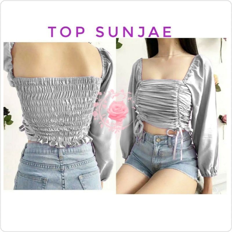 TOP SUNJAE gm blouse sabrina murah sexy top satin lowback kekinian sabrina serut crop top wanita