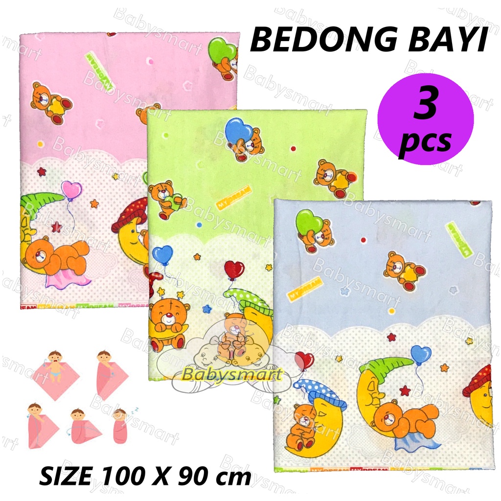 Babysmart - 3 PCS Bedong Bayi Kain Flanel Size 100 x 90 cm / Selimut bayi / Alas tidur bayi