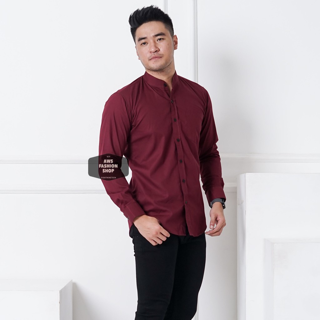 Kemeja Pria Lengan Panjang Polos Merah Maroon Kerah Shanghai Slimfit Casual Kerah Koko