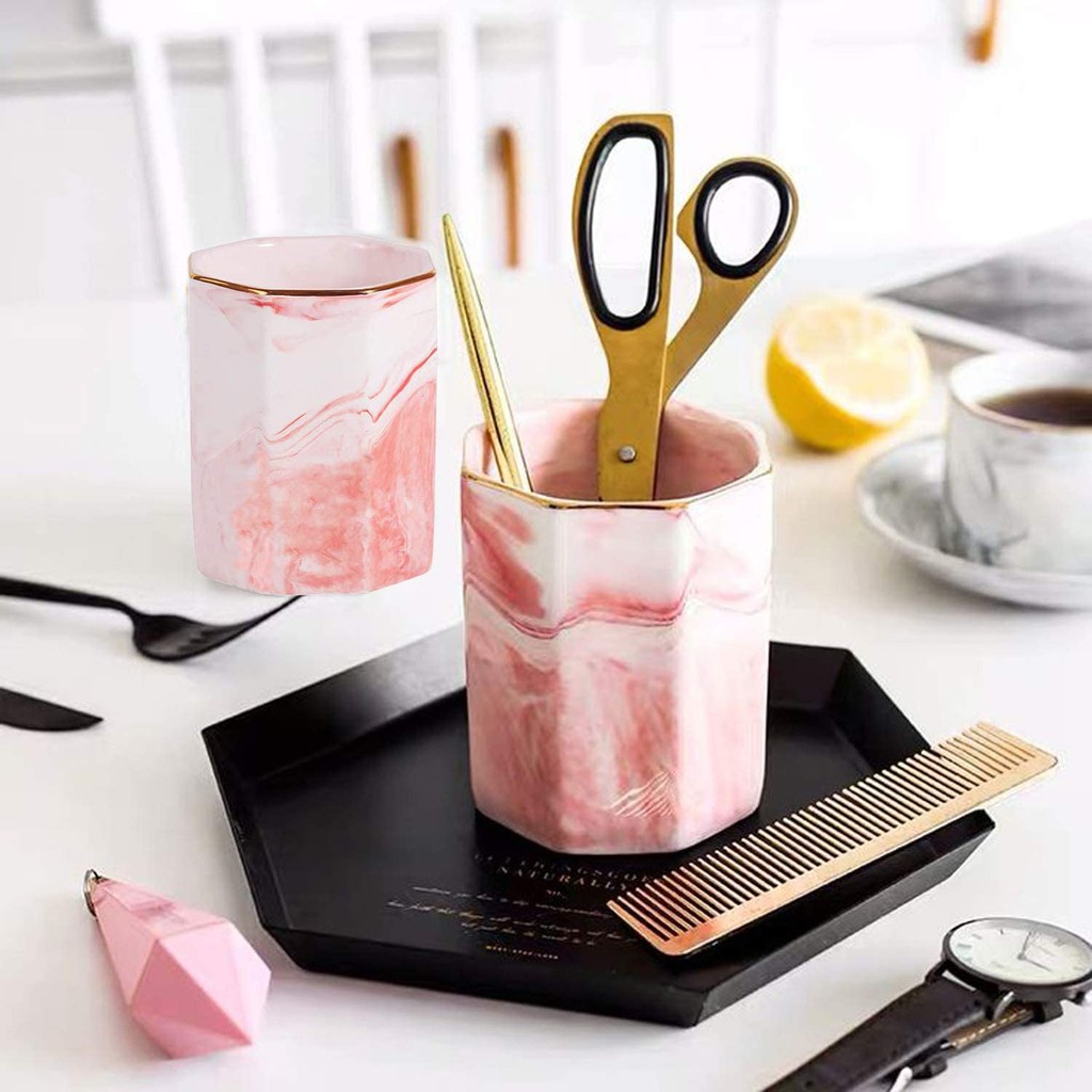 Brush Holder Ceramic Marble Rectangle Tempat Brush Tempat Kuas Makeup Brush Organizer Pen Holder Marble