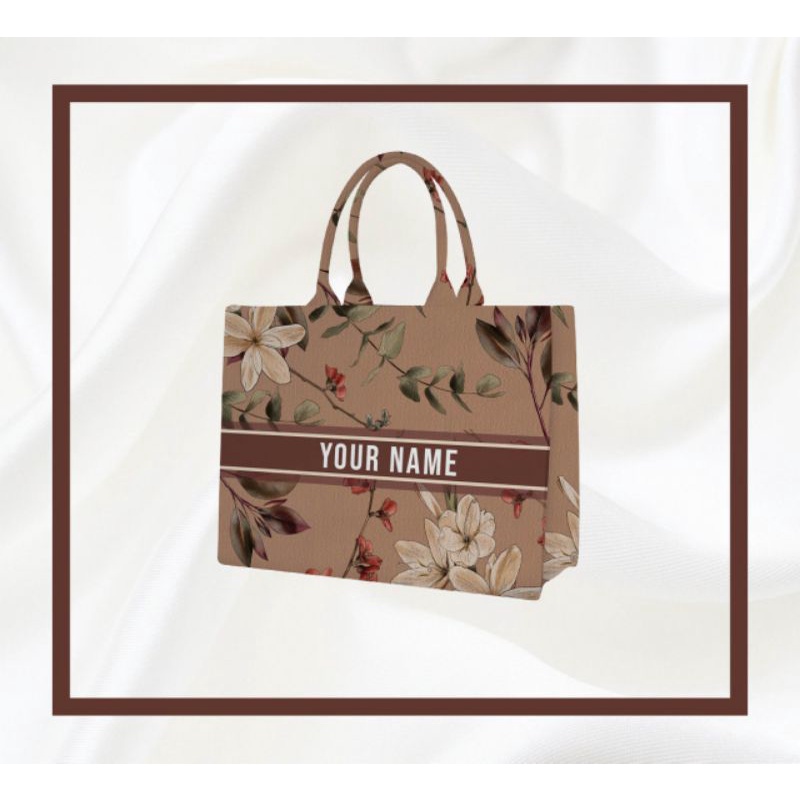 Jual Tas Custom Motif Bunga Warna Coklat Muda | Totebag Nama | Shopee