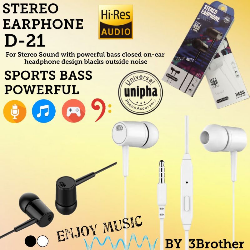 Handsfree Headset D-21 Stereo Earphone HI-RES Audio Bass