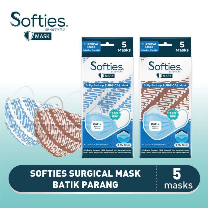 masker softies Earloop SURGICAL  batik Mask 5 pcs ( Dewasa)