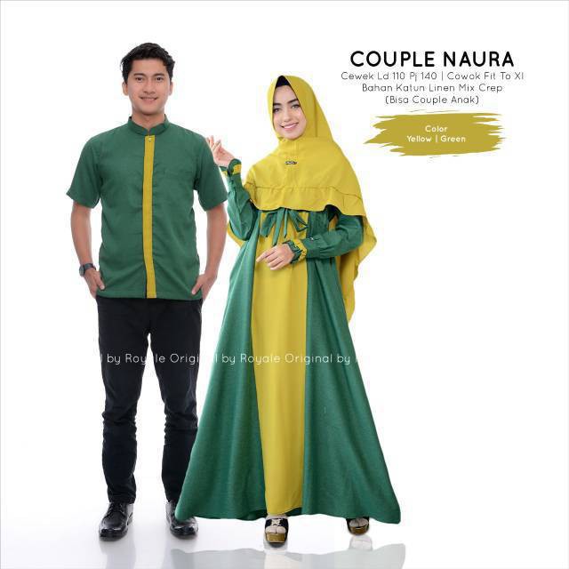 Couple Naura Ori Royale Gamis Syari Polos + Khimar + Kemeja Sarimbit Longdress Maxi Linen Premium