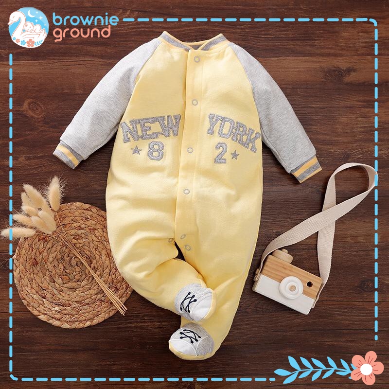 [COD] Jumper bayi bungkus kaki 0-2 tahun / baju bayi jumper bayi lengan panjang Motif  BASEBALL NEW YORK KUNING brownieground