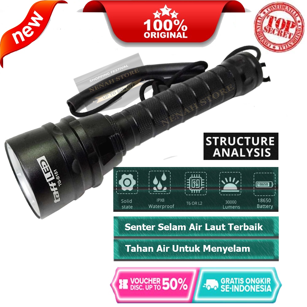 Senter Diving/ Selam Anti Air Super Terang Original/ TaffLED Senter LED Scuba Dive Waterproof/ Sente