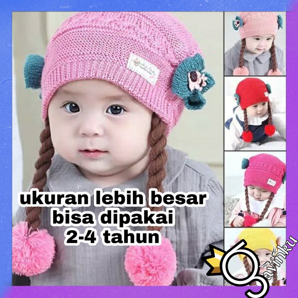 Topi Kepang Anak Perempuan Cewek Rajut Lucu Rambut Wig Murah Umur 1 2 3 4 Tahun Karakter Korea