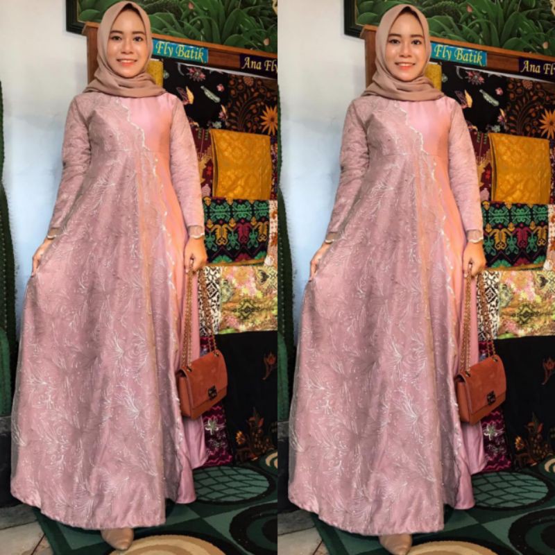 Dress Brokat Wanita Perempuan Cewek Dress Modern Muslimah Warna Pink (COD)
