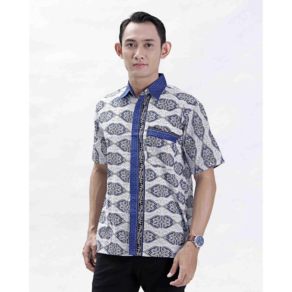 Risna Batik HRB026 kenongo kemeja hem pendek padi pekalongan M L XL MURAH KEREN bati pria wajik biru