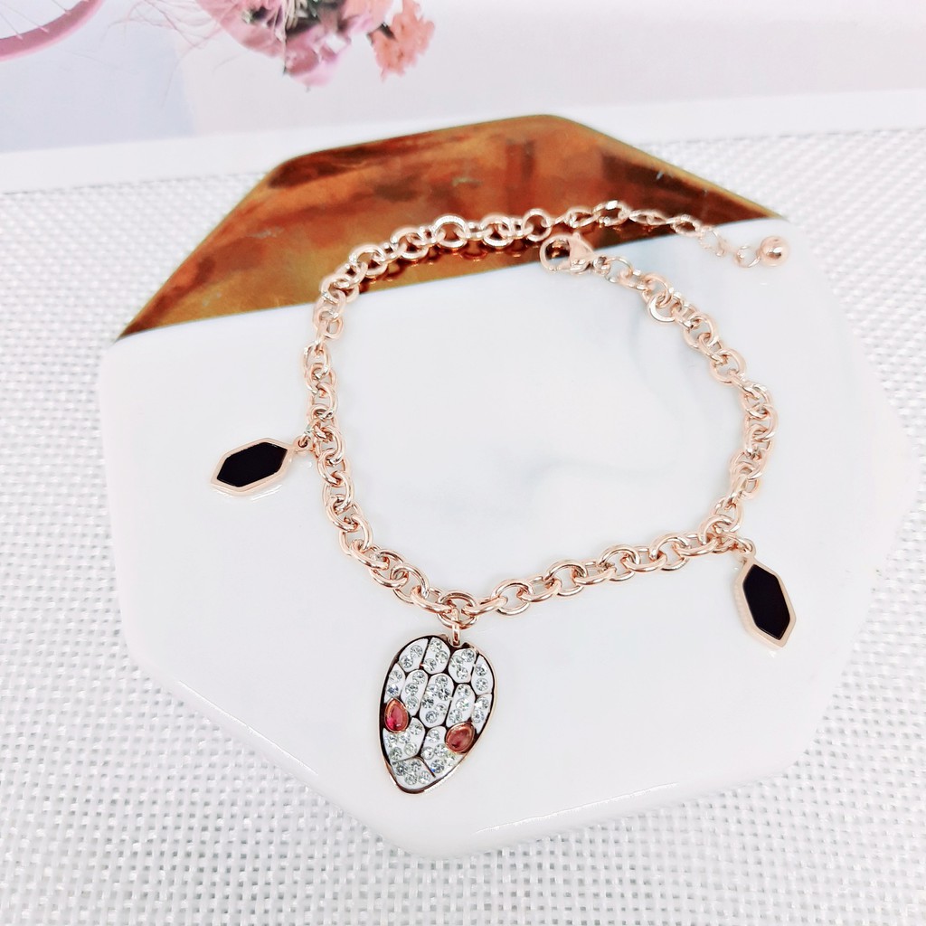 Gelang Titanium Snake Head White Stone Rose Gold - BB561