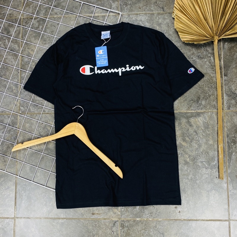 KAOS T SHIRT TEE CHAMPION LOGO FONT BIG BASIC PRINTED HITAM PREMIUM AUTHENTIC