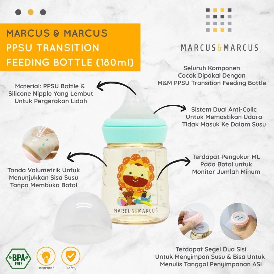 Marcus &amp; Marcus PPSU Transition Feeding Bottle 180ml - Marcus&amp;Marcus Botol Susu Bayi 180 ml : Lion Blue