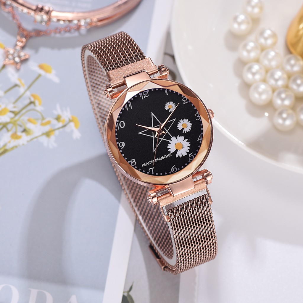 ELBER J174 Jam Tangan Rantai Wanita Jam Analog Motif Bunga Daisy-Rosegold