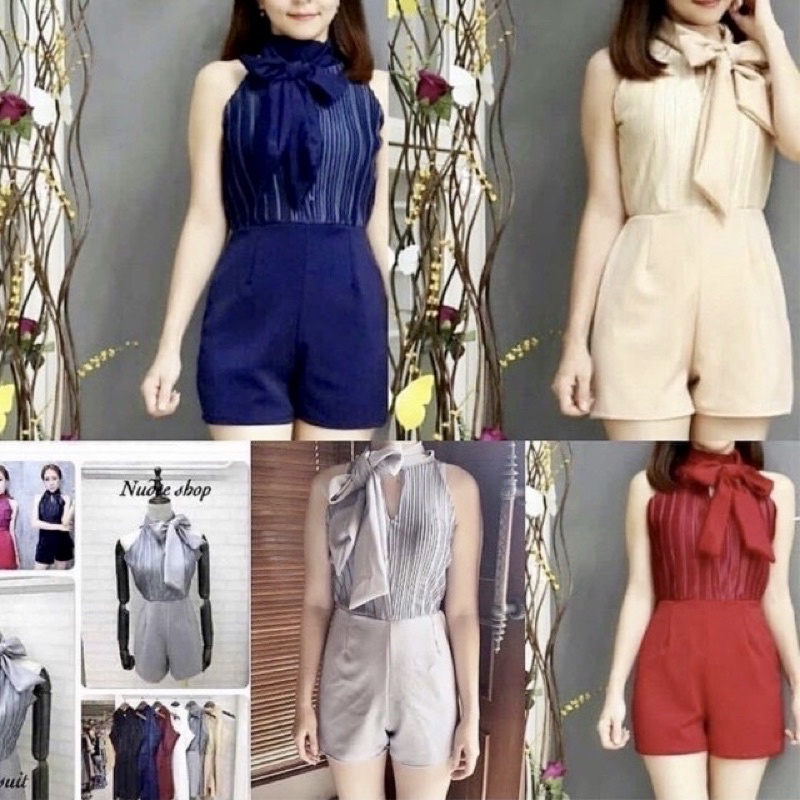 Jumpsuit pendek halter wanita scuba plisket tebal - Jumpsuit celana pendek import