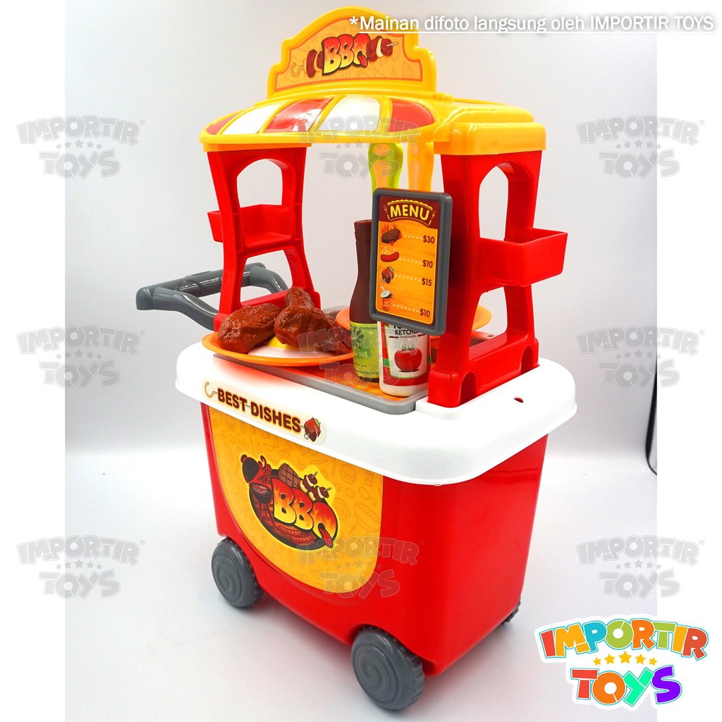 MAINAN ANAK BARBEKYU TROLI + AKSESORIS (PIRING,SENDOK,BOTOL SAUS BBQ) IMPORT QUALITY