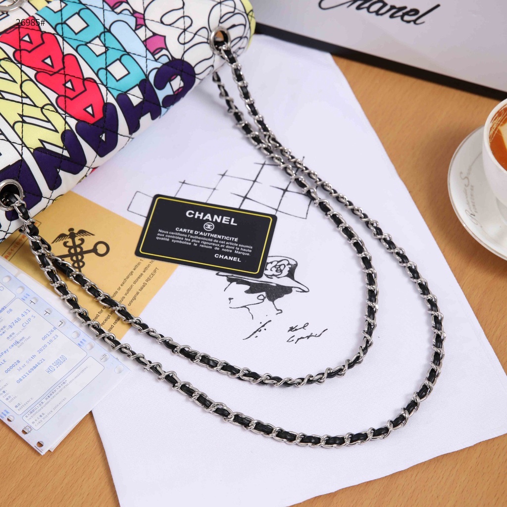 CH New Multi Color Rainbow Fabric Gold Leather Chain Shoulder Flap Bag 26985