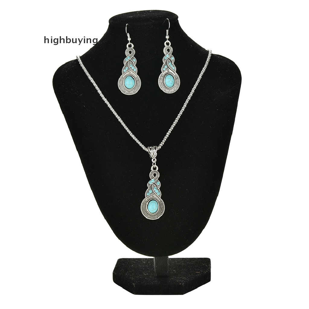 Hbid Set Kalung + Anting Kait Gantung Retro Vintage Elegan Hias Batu Turquoise Untuk Wanita