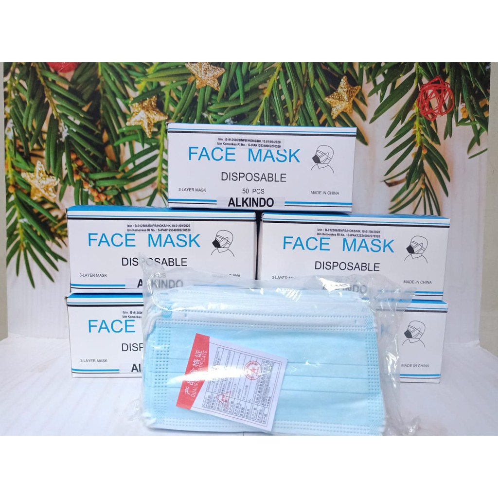 Masker Alkindo 3ply isi 50 pcs/box Warna Biru Earloop Cantol Kuping