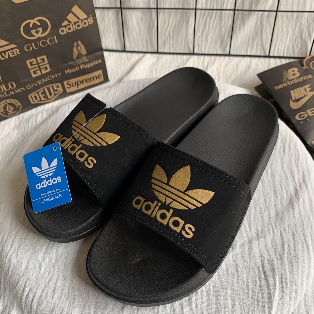 SANDAL PRIA HITAM WANITA SLOP PILON IMPORT SANGAT CASUAL SLIDE SENDAL UNISEX FLIP FLOP COWOK RINGAN DIPAKAI DAN ANTI AIR FREE PAPERBAG ADS BLACK GOLD