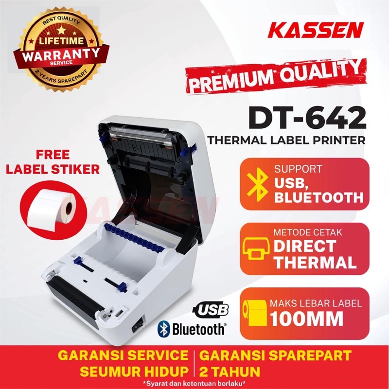 PRINTER LABEL BARCODE 100mm KASSEN DT-642 USB &amp; BLUETOOTH FREE HOLDER