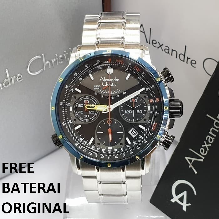 [Free Baterai] ALEXANDRE CHRISTIE AC 6394 PRIA CHRONO SILVER BLACK RING BLUE ORIGINAL