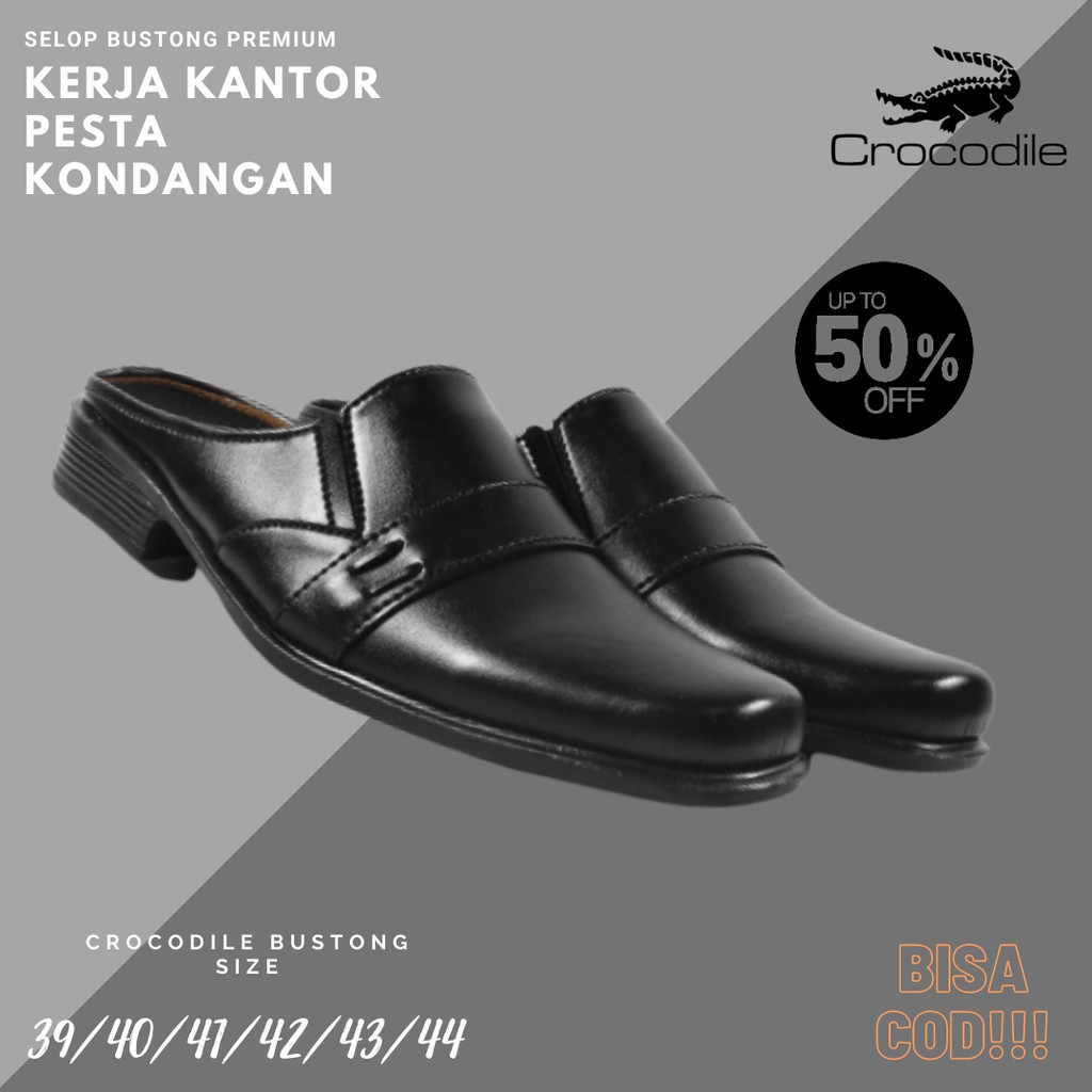 Sepatu Bustong Selop Pria Crocodile Riung Formal Pantopel Kerja Kantor Kondangan Pantofel Hitam