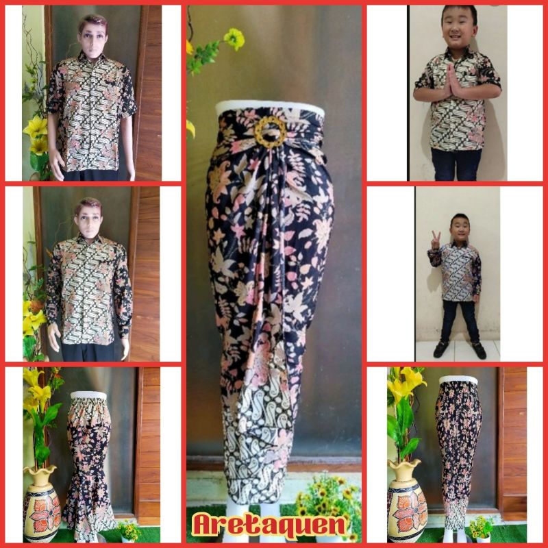 Couple keluarga batik bogenvil hitam/Couple kondangan kemeja batik rok plisket rok lilit kemeja pria