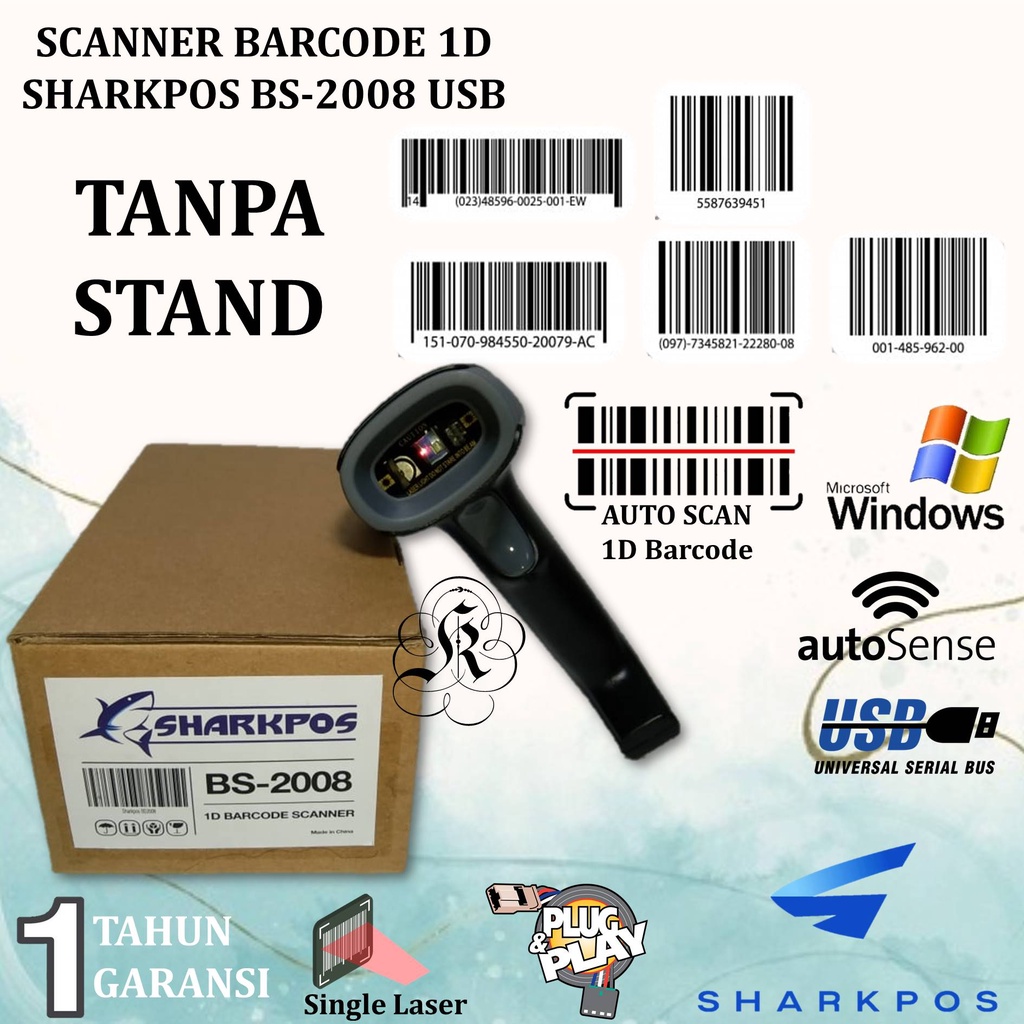 SCANNER BARCODE 1D MURAH SHARKPOS BS2008 SETARA UL-1808/BS-1808 (USB) 1D TANPA STAND WAHANA/JNE/JNT