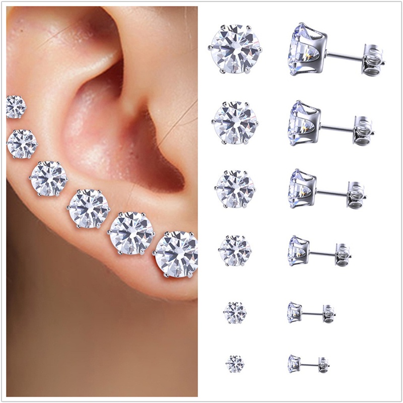 6 Pasang Anting Stud Cubic Zirconia Bulat Bahan Stainless Steel Ukuran 3mm - 8mm