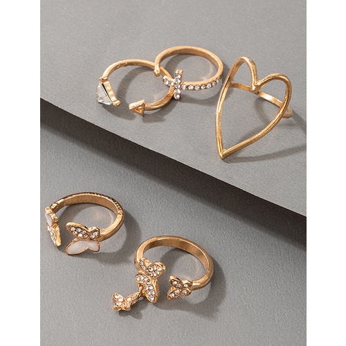 LRC Cincin Set Fashion Golden Suit Oil Drop Diamond Love Heart Cross Butterfly Open Ring V81353