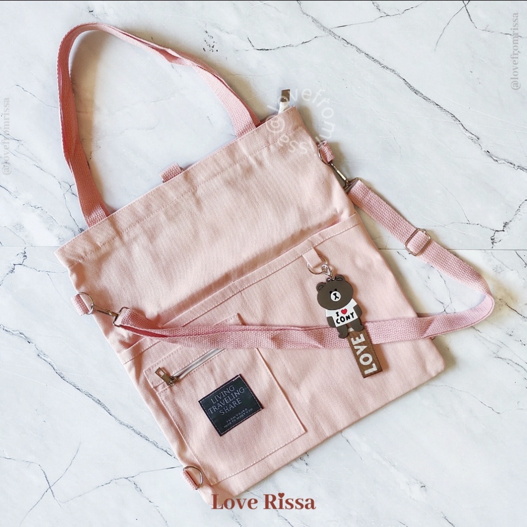 Tas Japanese Style Tas Selempang Tote Bag Ransel 3 in 1 Solid Color-Pastel Pink